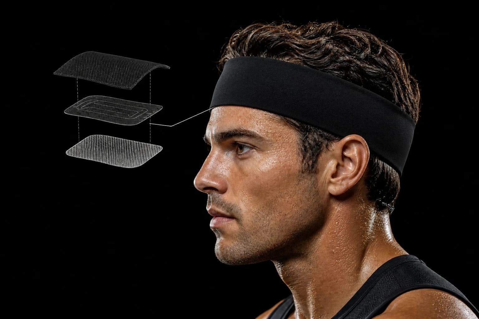 Technical concept showing a plain athletic headband, a single forehead electrode, and its three simple material layers
